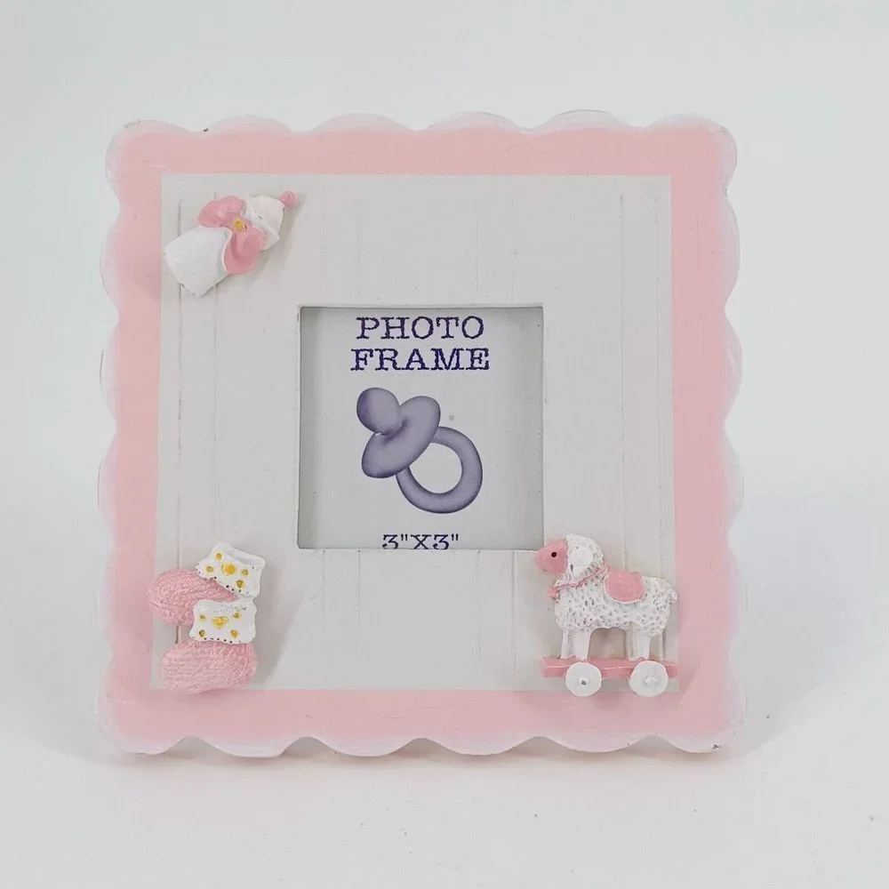Newborn Baby Girl Photo Frame Gift Pink 3x3 Picture Free Stand Wood 6.5x6.5 Dime - Picture 3 of 12